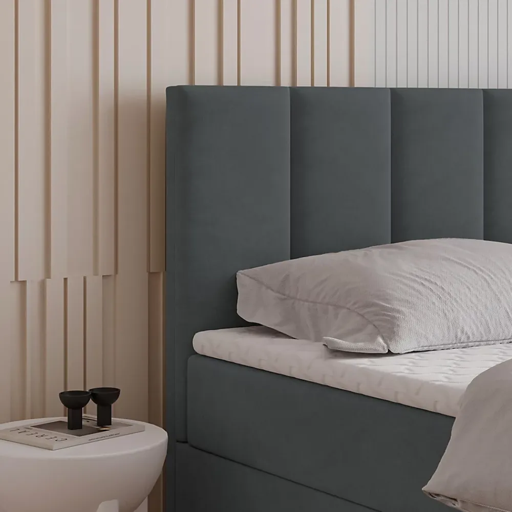 Masseno Lit Boxspring MERIL 140X200 CM SORO 97, Graphite, Lit avec matelas et rangement* Ensemble Sommier Et Matelas