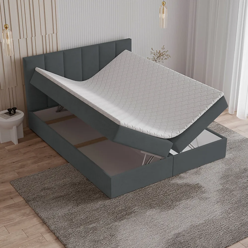 Masseno Lit Boxspring MERIL 140X200 CM SORO 97, Graphite, Lit avec matelas et rangement* Ensemble Sommier Et Matelas