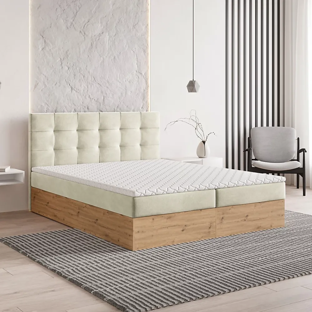 Masseno Lit Boxspring MOLVEN 140X200 CM SORO 02, Crème, Lit avec matelas et rangement* Ensemble Sommier Et Matelas