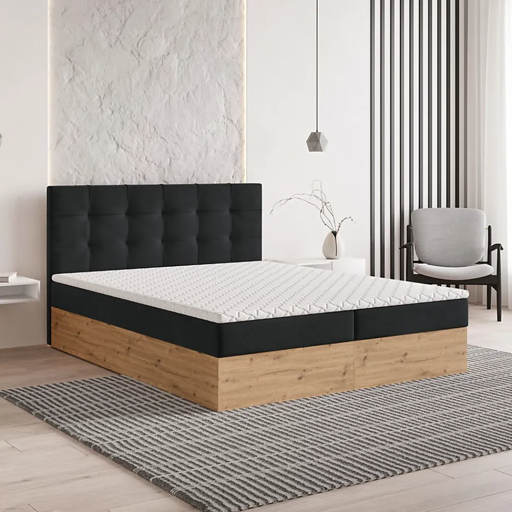 Masseno Lit Boxspring MOLVEN 180X200 CM SORO 100, Noir, Lit avec matelas et rangement* Ensemble Sommier Et Matelas