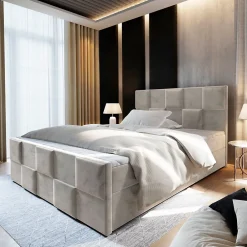 Masseno Lit Boxspring MONA 140X200 CM PAROS 02, Beige, Lit avec matelas et rangement* Ensemble Sommier Et Matelas