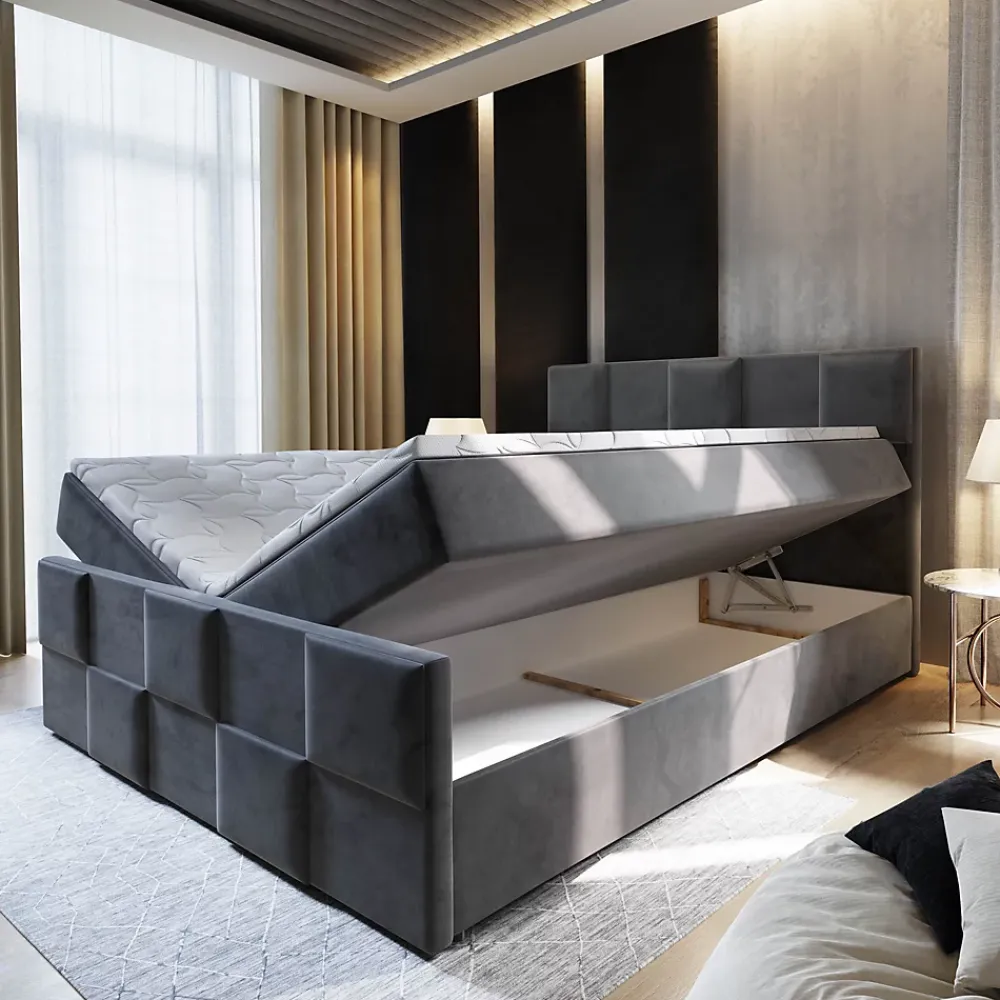 Masseno Lit Boxspring MONA 140X200 CM PAROS 02, Beige, Lit avec matelas et rangement* Ensemble Sommier Et Matelas