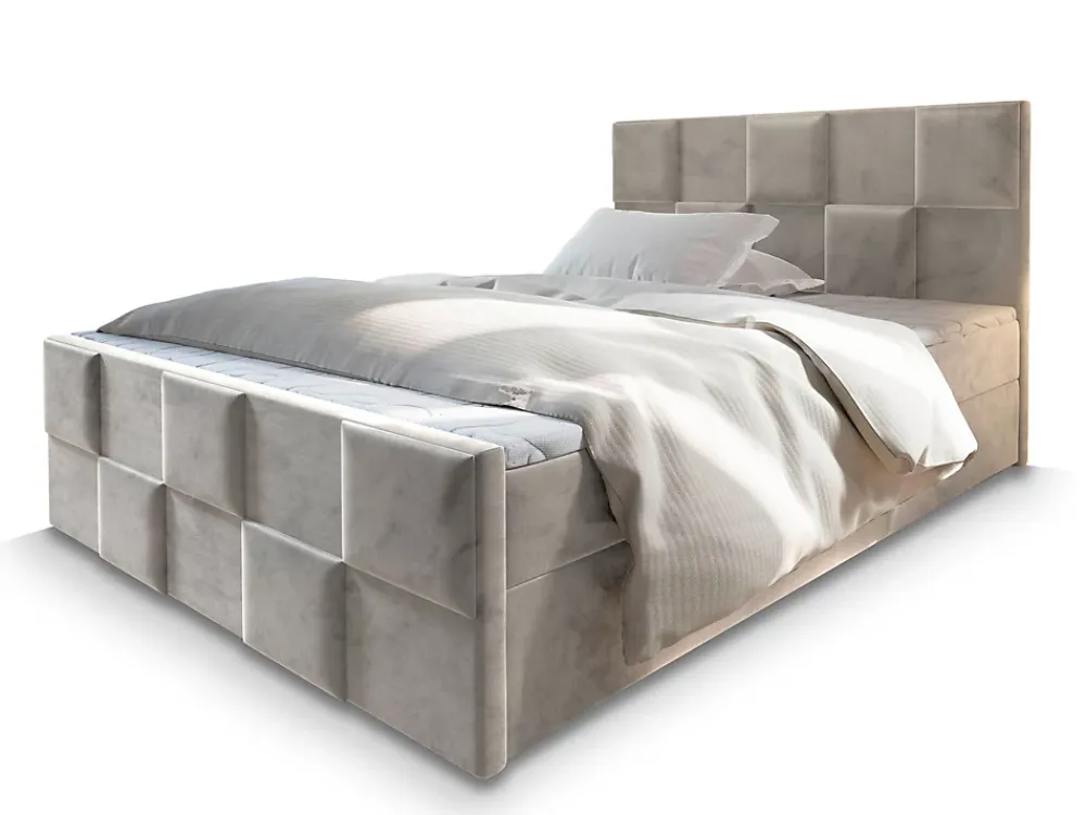 Masseno Lit Boxspring MONA 140X200 CM PAROS 02, Beige, Lit avec matelas et rangement* Ensemble Sommier Et Matelas