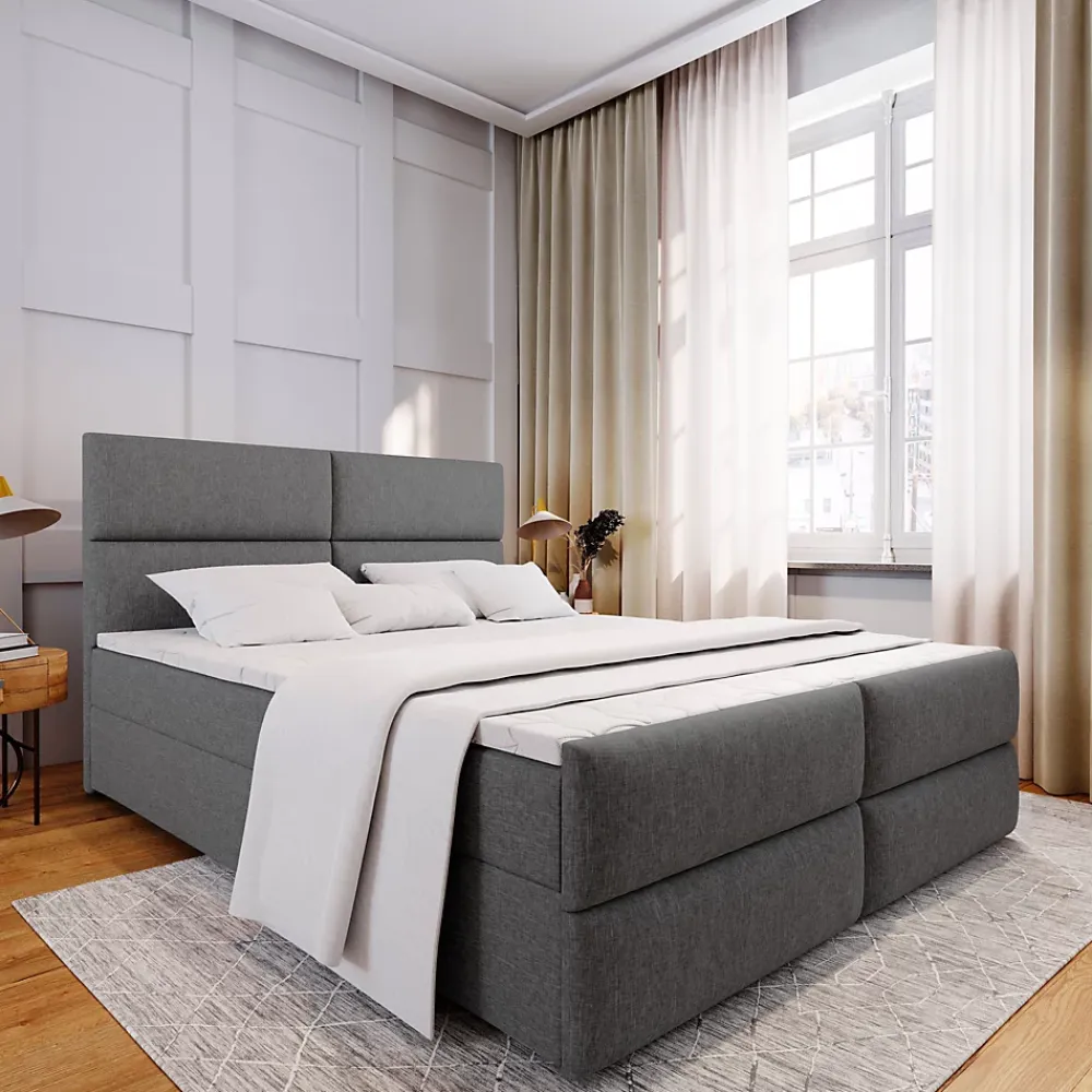 Masseno Lit Boxspring MULEN 180X200 CM SAWANA 05, Gris, Lit avec matelas et rangement* Ensemble Sommier Et Matelas