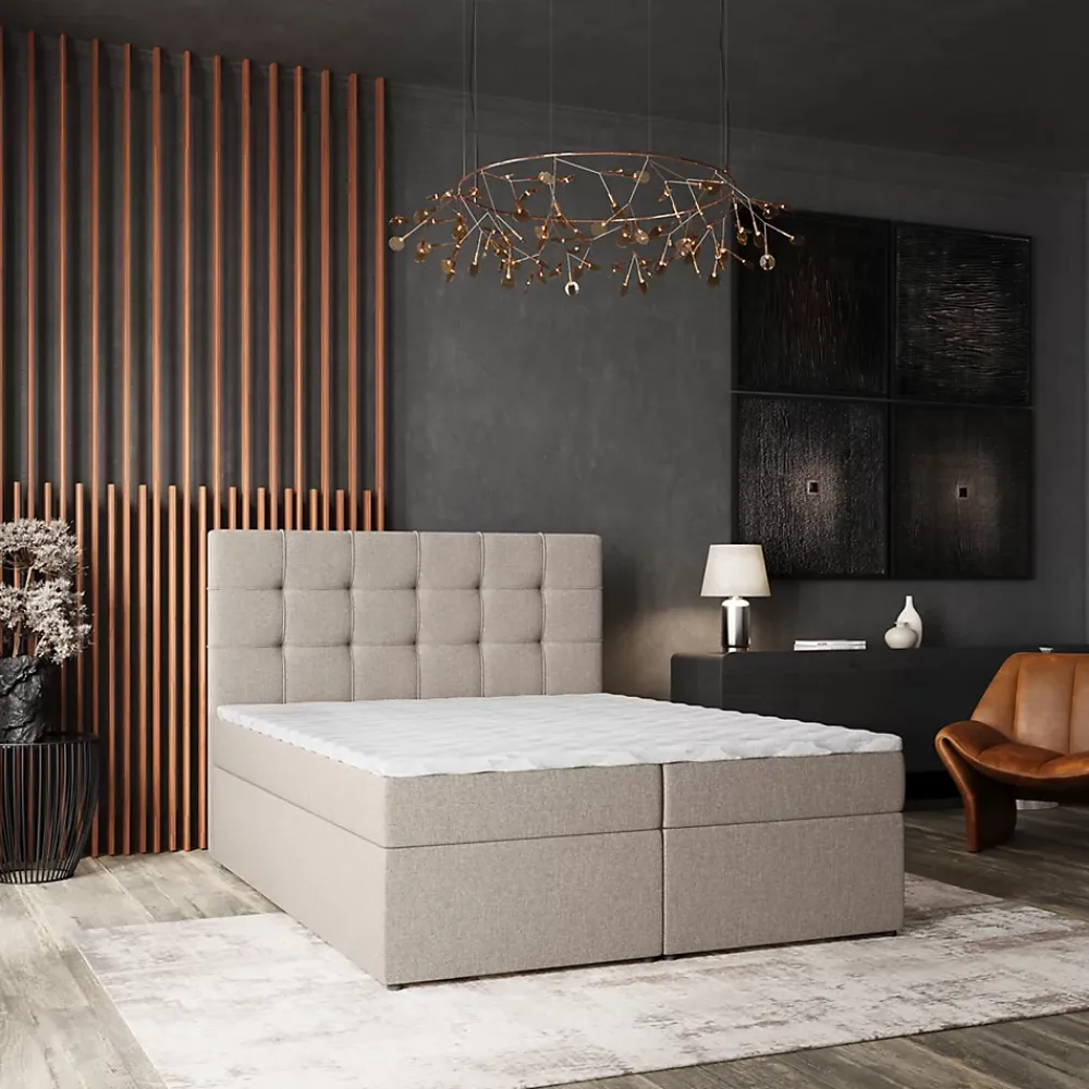 Masseno Lit Boxspring PALMA 160X200 CM INARI 22, Beige, Lit avec matelas et rangement* Ensemble Sommier Et Matelas