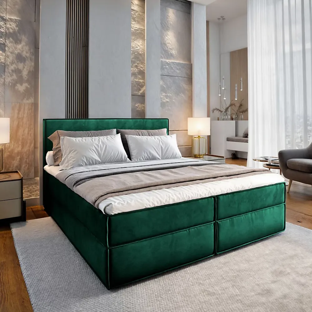 Masseno Lit Boxspring PELLIO 160X200 CM MONOLITH 37, Vert foncé, Lit avec matelas et rangement* Ensemble Sommier Et Matelas