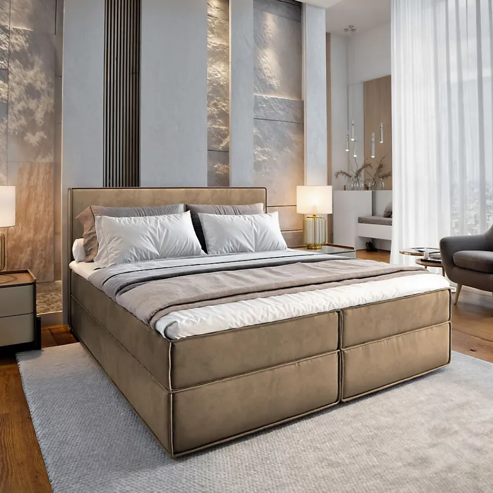 Masseno Lit Boxspring PELLIO 180X200 CM MONOLITH 09, Beige, Lit avec matelas et rangement* Ensemble Sommier Et Matelas