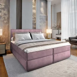 Masseno Lit Boxspring PELLIO 160X200 CM MONOLITH 62, Lilas, Lit avec matelas et rangement* Ensemble Sommier Et Matelas