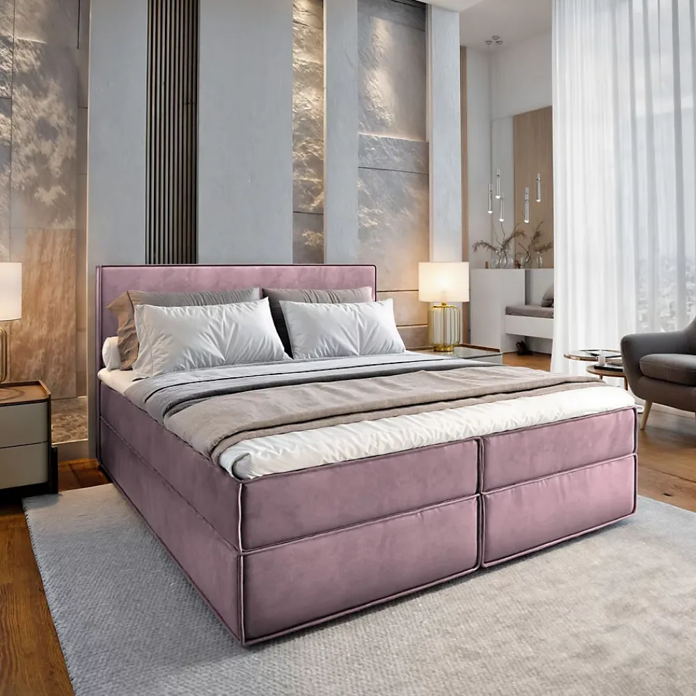 Masseno Lit Boxspring PELLIO 160X200 CM MONOLITH 62, Lilas, Lit avec matelas et rangement* Ensemble Sommier Et Matelas