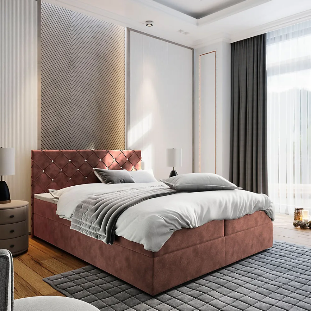 Lit Boxspring RIVA 160X200 CM MAGIC VELVET 2258, Rose, Lit avec matelas et rangement>Masseno New
