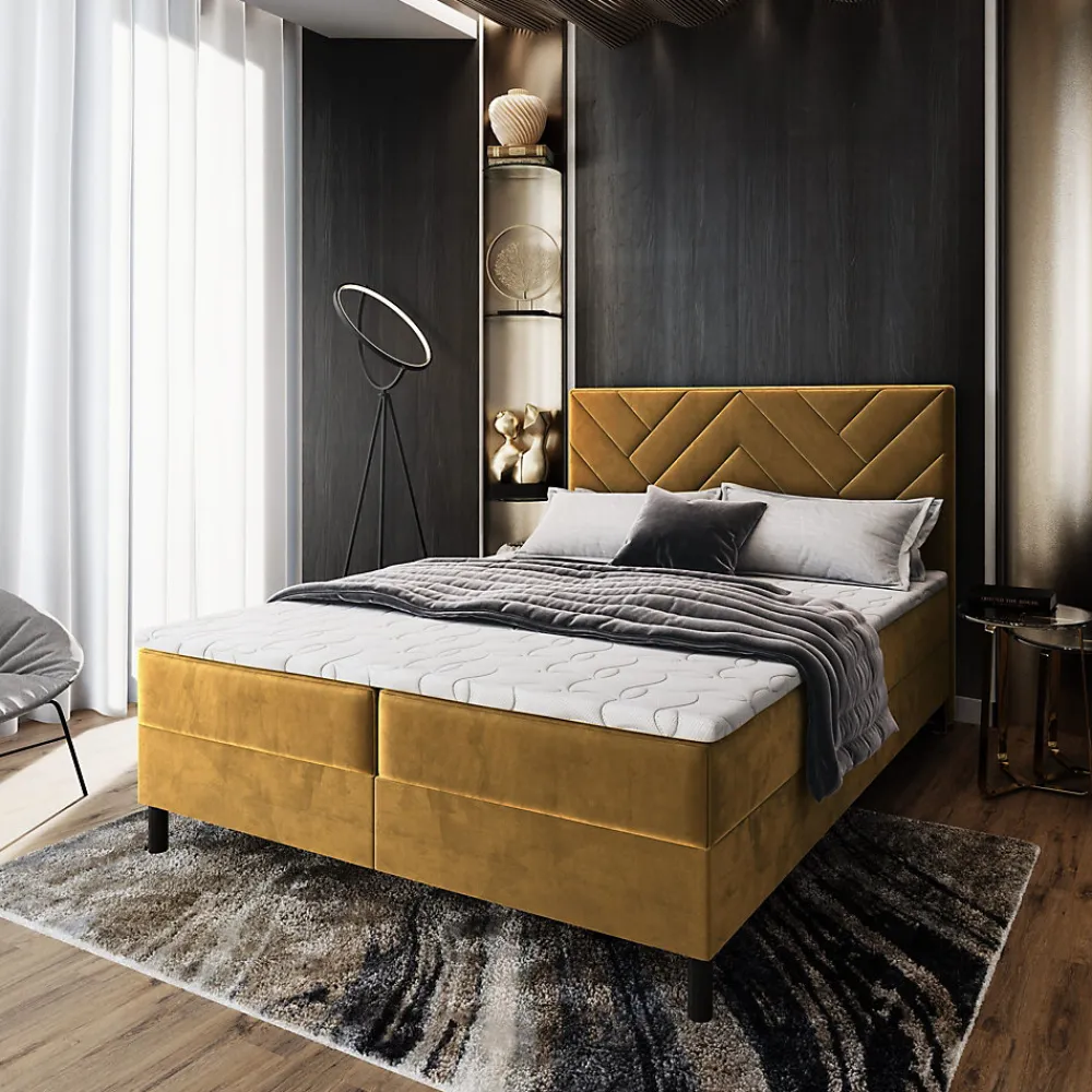Masseno Lit Boxspring ROKIS 160X200 CM MONOLITH 48, Jaune, Lit avec matelas et rangement* Ensemble Sommier Et Matelas