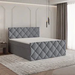 Masseno Lit Boxspring ROVARI 160X200 CM KRONOS 15, Gris, Lit avec matelas et rangement* Ensemble Sommier Et Matelas