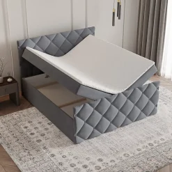Masseno Lit Boxspring ROVARI 140X200 CM KRONOS 15, Gris, Lit avec matelas et rangement* Ensemble Sommier Et Matelas