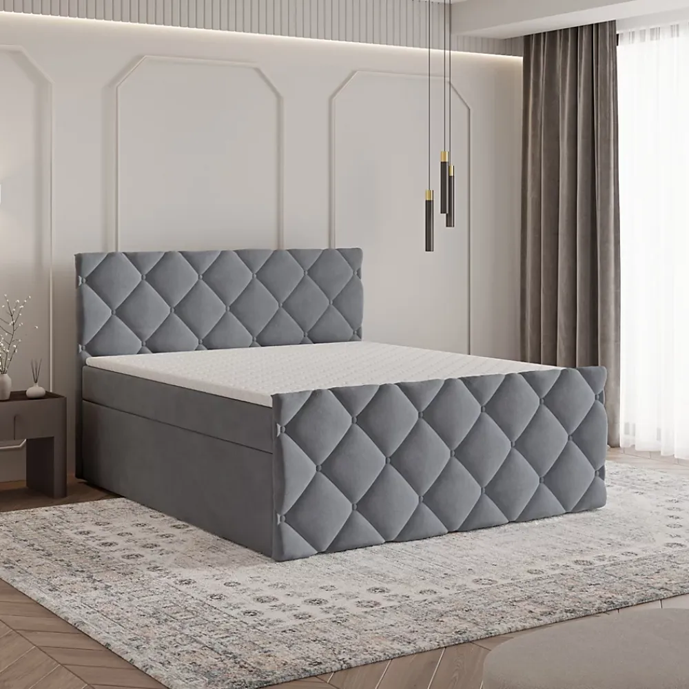 Masseno Lit Boxspring ROVARI 140X200 CM KRONOS 15, Gris, Lit avec matelas et rangement* Ensemble Sommier Et Matelas