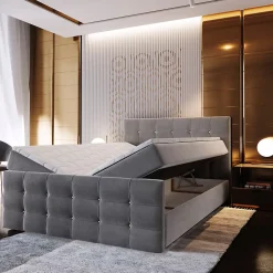 Masseno Lit Boxspring SLAT 160X200 CM COSMIC 160, Gris, Lit avec matelas et rangement* Ensemble Sommier Et Matelas