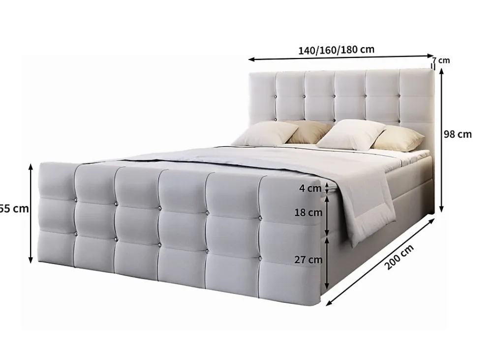 Masseno Lit Boxspring SLAT 160X200 CM COSMIC 160, Gris, Lit avec matelas et rangement* Ensemble Sommier Et Matelas