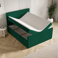 Masseno Lit Boxspring TERVAN 140X200 CM KRONOS 19, Vert foncé, Lit avec matelas et rangement* Ensemble Sommier Et Matelas