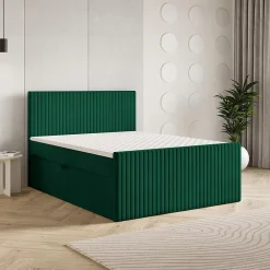 Masseno Lit Boxspring TERVAN 140X200 CM KRONOS 19, Vert foncé, Lit avec matelas et rangement* Ensemble Sommier Et Matelas