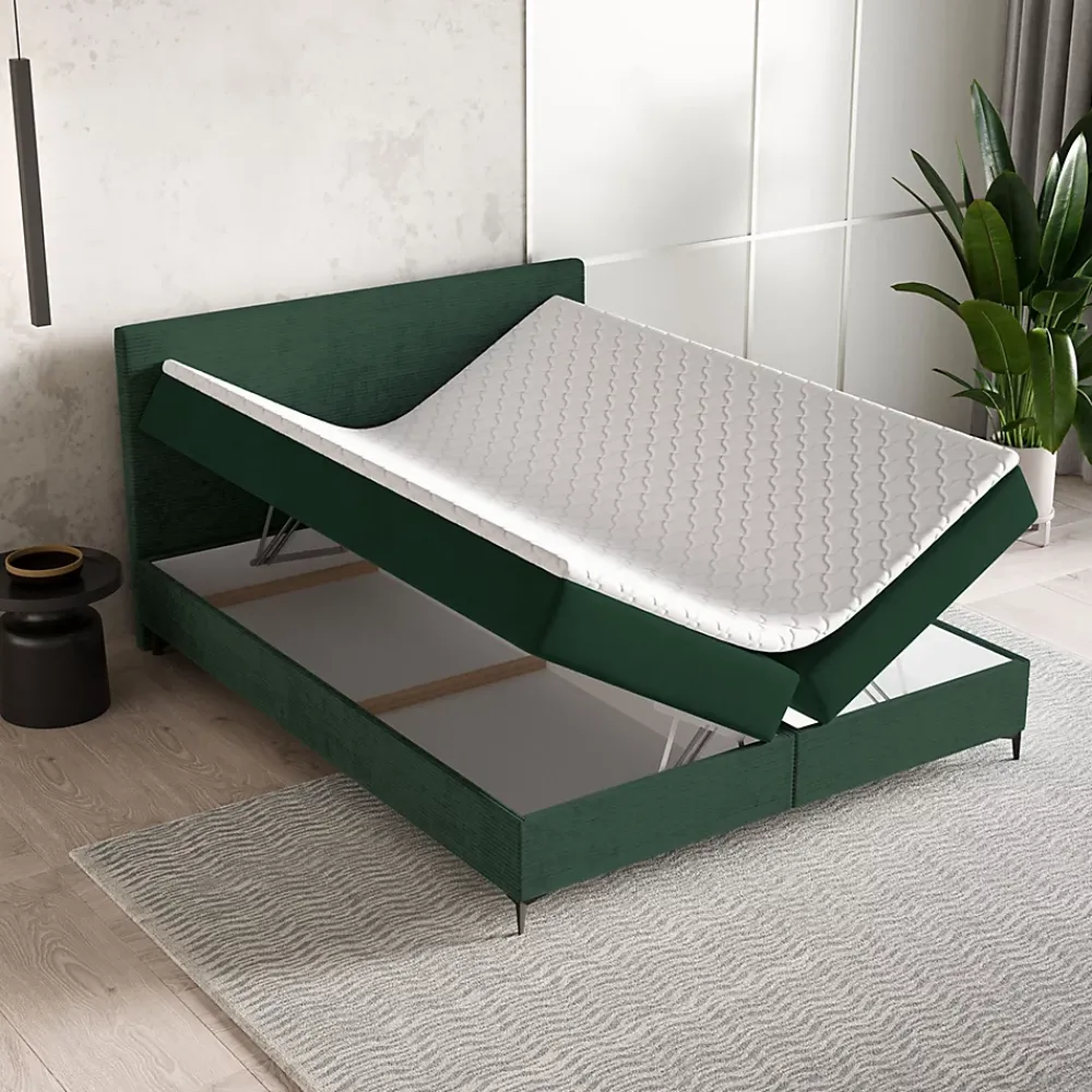 Masseno Lit Boxspring TORREL 160X200 CM POSO 14 + KRONOS 14, Vert foncé, Lit avec matelas et rangement* Ensemble Sommier Et Matelas