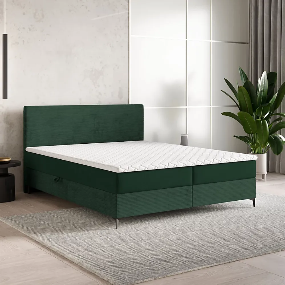 Masseno Lit Boxspring TORREL 160X200 CM POSO 14 + KRONOS 14, Vert foncé, Lit avec matelas et rangement* Ensemble Sommier Et Matelas