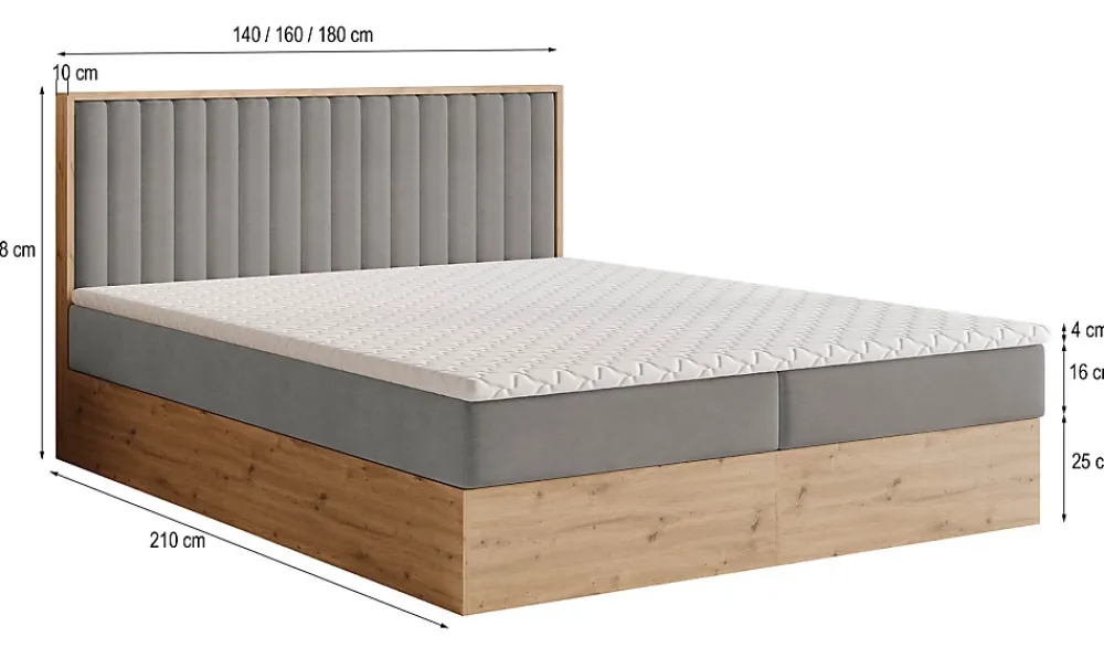 Masseno Lit Boxspring VARELI 140X200 CM SORO 97, Graphite, Lit avec matelas et rangement* Ensemble Sommier Et Matelas