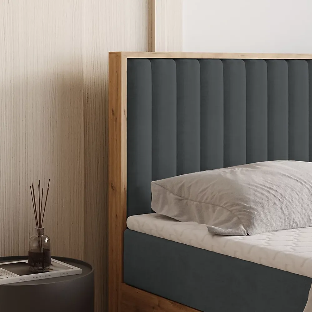 Masseno Lit Boxspring VARELI 140X200 CM SORO 97, Graphite, Lit avec matelas et rangement* Ensemble Sommier Et Matelas