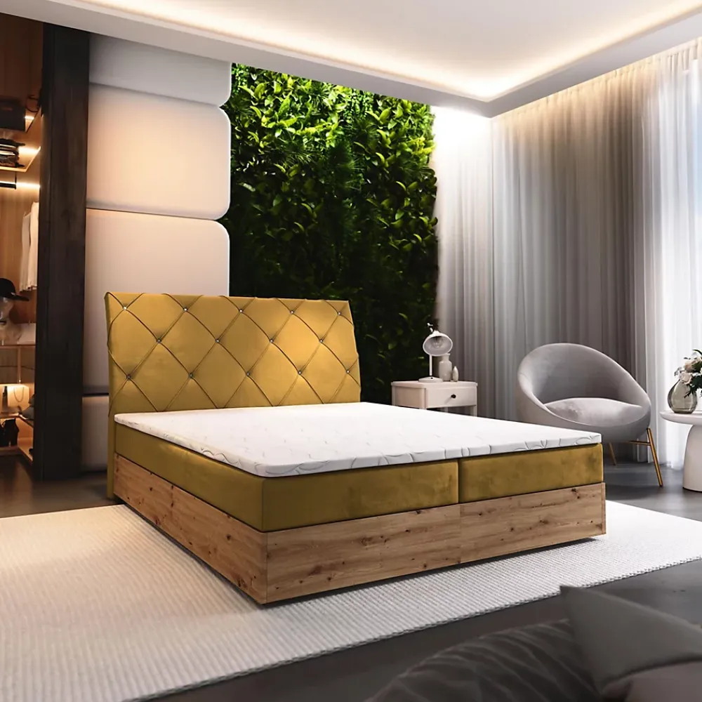 Masseno Lit Boxspring VELLANO 160X200 CM KRONOS 01, Jaune, Lit avec matelas et rangement* Ensemble Sommier Et Matelas
