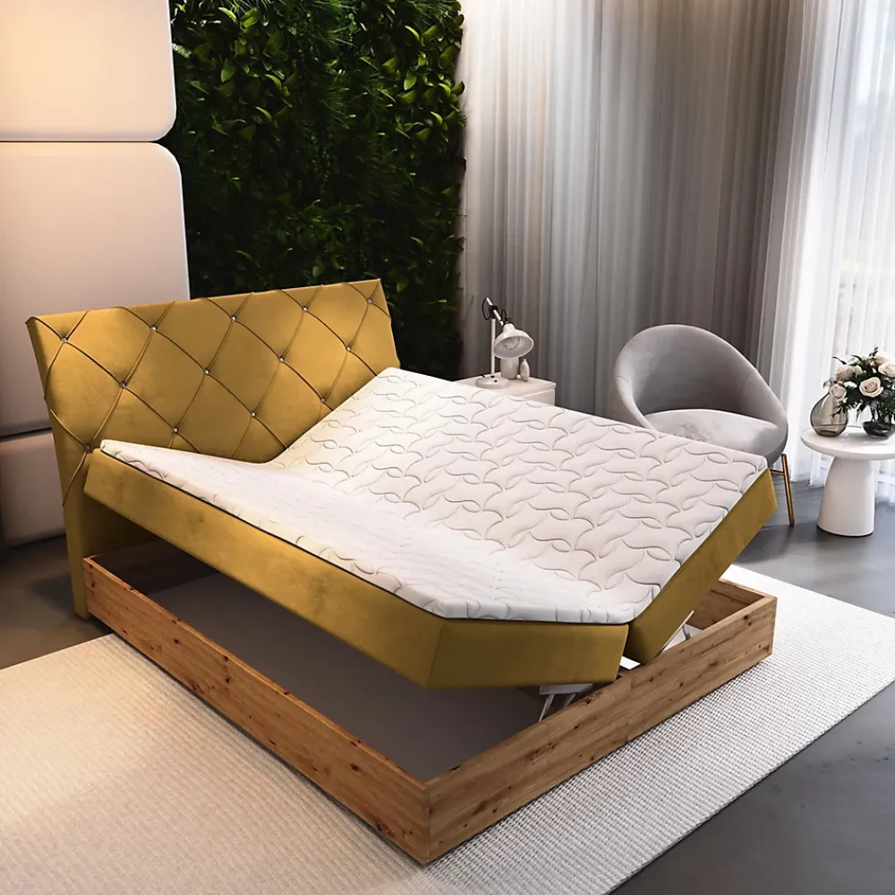 Masseno Lit Boxspring VELLANO 160X200 CM KRONOS 01, Jaune, Lit avec matelas et rangement* Ensemble Sommier Et Matelas