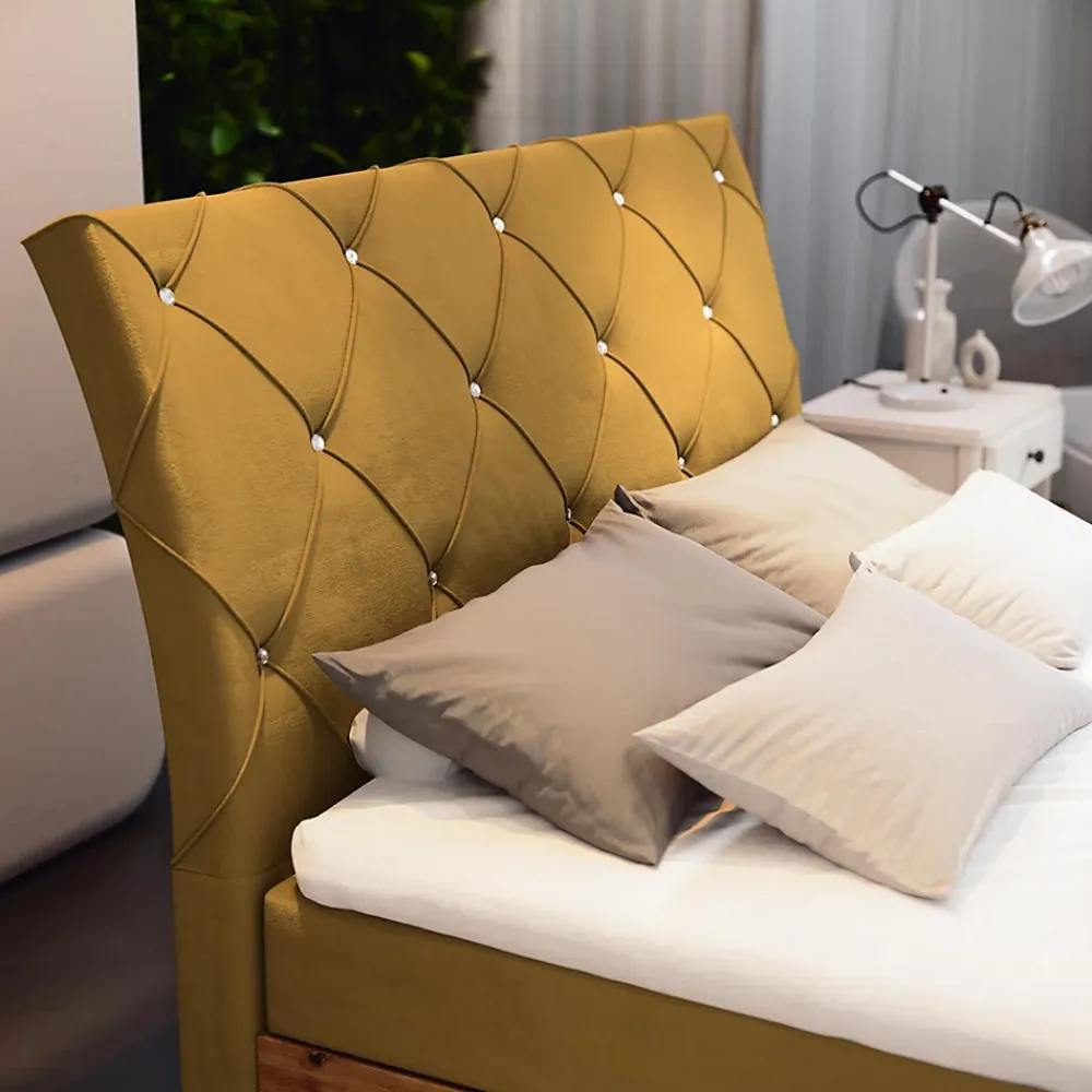 Masseno Lit Boxspring VELLANO 160X200 CM KRONOS 01, Jaune, Lit avec matelas et rangement* Ensemble Sommier Et Matelas