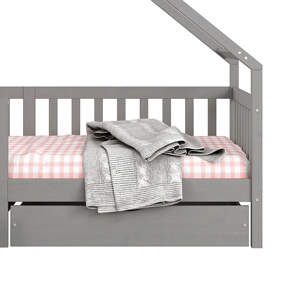 Idimex Lit cabane asymétrique ALVA avec tiroirs, 90 x 200 cm en pin massif lasuré gris*Enfant Lit Enfant