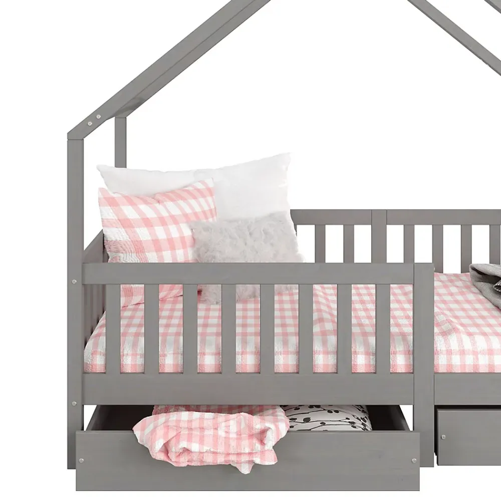 Idimex Lit cabane asymétrique ALVA avec tiroirs, 90 x 200 cm en pin massif lasuré gris*Enfant Lit Enfant