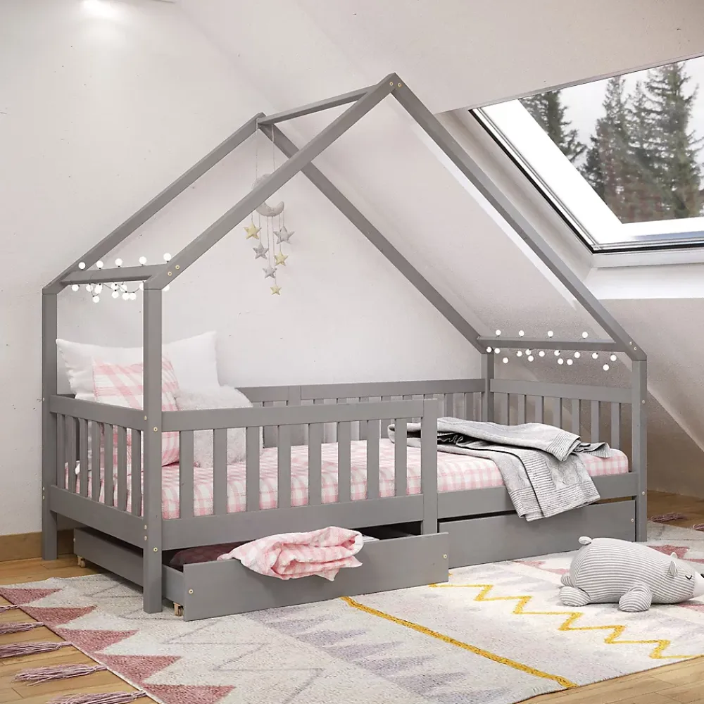Idimex Lit cabane asymétrique ALVA avec tiroirs, 90 x 200 cm en pin massif lasuré gris*Enfant Lit Enfant