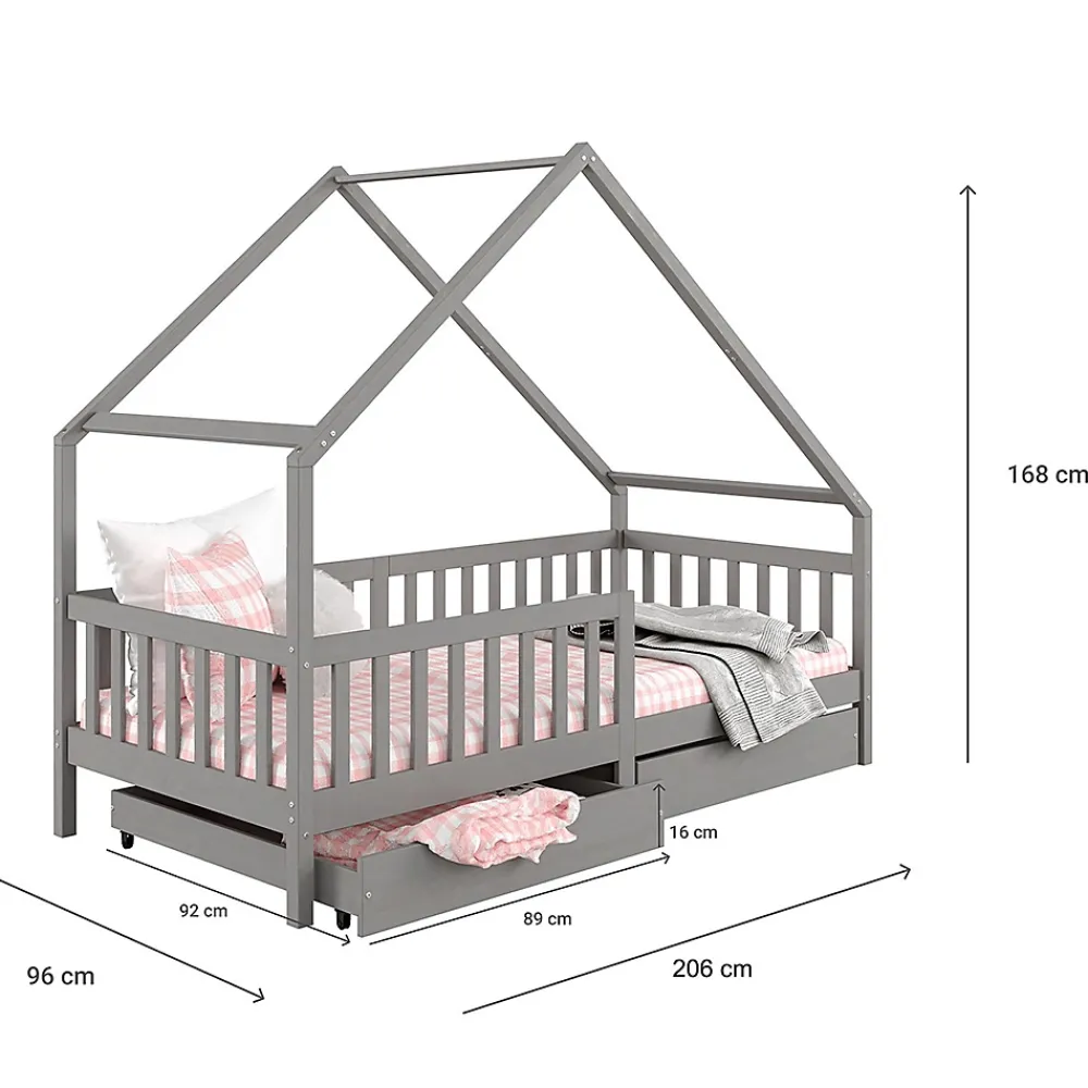 Idimex Lit cabane asymétrique ALVA avec tiroirs, 90 x 200 cm en pin massif lasuré gris*Enfant Lit Enfant