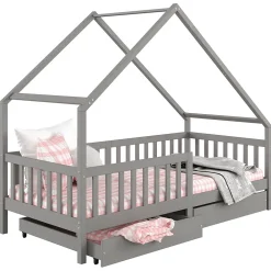 Idimex Lit cabane asymétrique ALVA avec tiroirs, 90 x 200 cm en pin massif lasuré gris*Enfant Lit Enfant