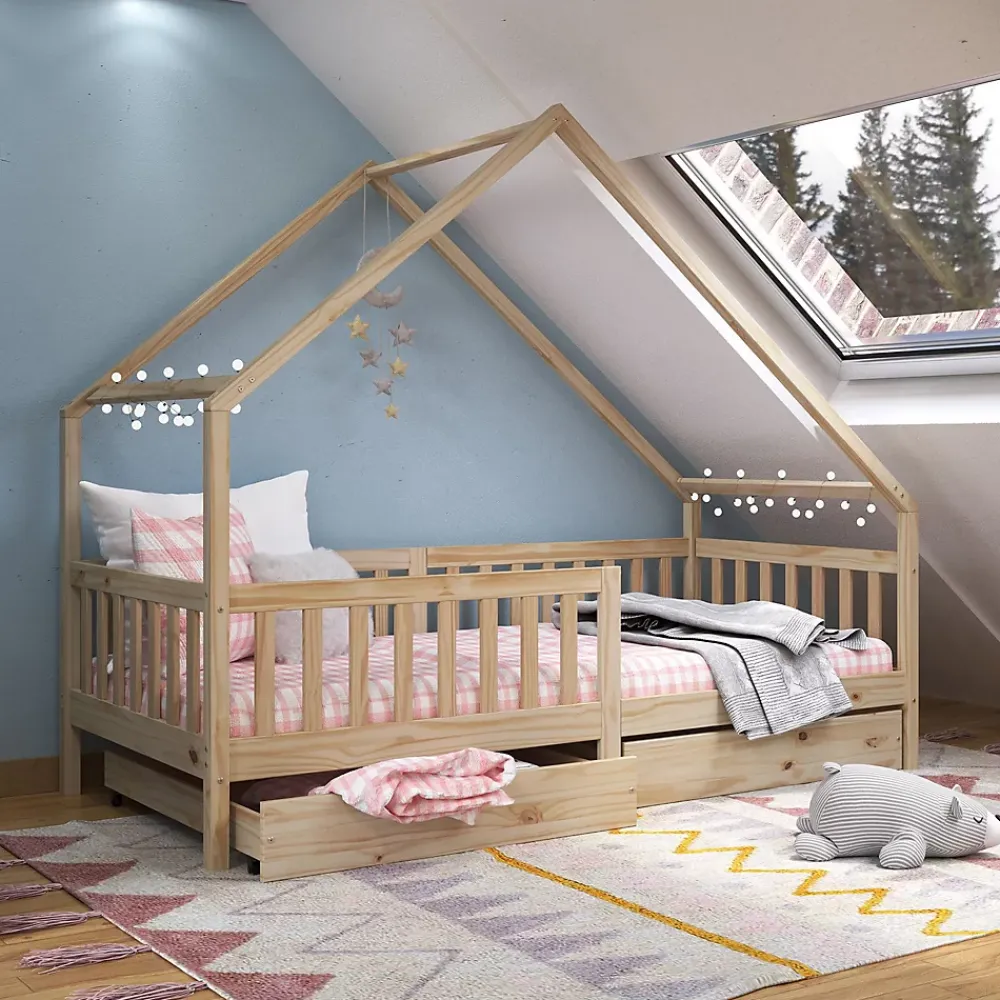 Idimex Lit cabane asymétrique ALVA avec tiroirs, 90 x 190 cm en pin massif finition naturelle*Enfant Lit Enfant