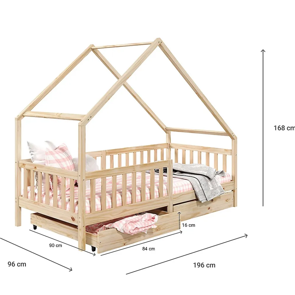 Idimex Lit cabane asymétrique ALVA avec tiroirs, 90 x 190 cm en pin massif finition naturelle*Enfant Lit Enfant