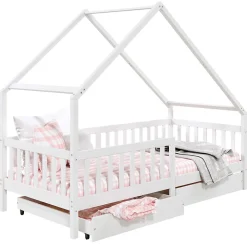 Lit cabane asymétrique ALVA avec tiroirs, 90 x 200 cm en pin massif lasuré blanc>Idimex