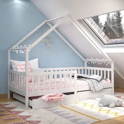 Lit cabane asymétrique ALVA avec tiroirs, 90 x 200 cm en pin massif lasuré blanc>Idimex