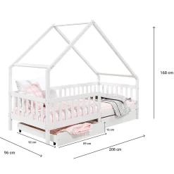 Lit cabane asymétrique ALVA avec tiroirs, 90 x 200 cm en pin massif lasuré blanc><noscript><img width=