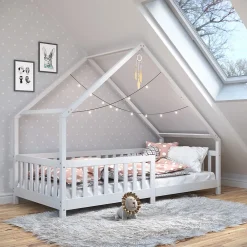 Idimex Lit cabane asymétrique CORA 90 x 190 cm en pin massif lasuré blanc*Enfant Lit Enfant