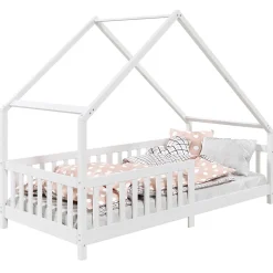 Idimex Lit cabane asymétrique CORA 90 x 190 cm en pin massif lasuré blanc*Enfant Lit Enfant