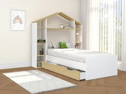 Lit cabane 90 x 190 cm - Coloris : Blanc et naturel + Matelas - JERACO>Vente-unique Best