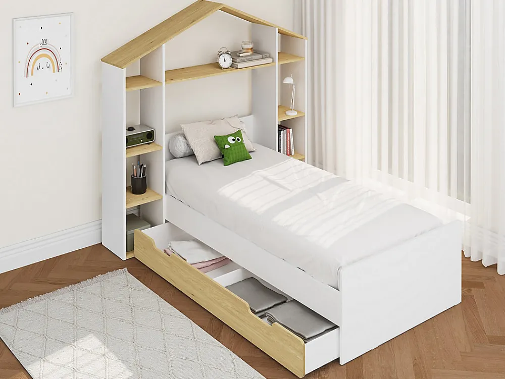 Lit cabane 90 x 190 cm - Coloris : Blanc et naturel + Matelas - JERACO>Vente-unique Best