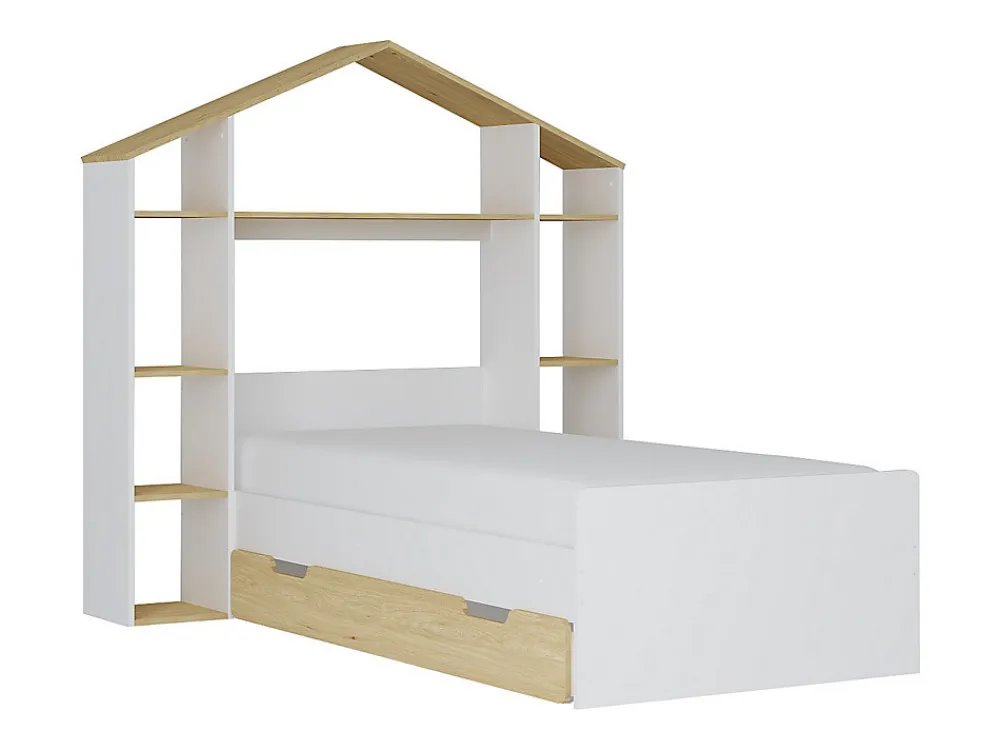 Lit cabane 90 x 190 cm - Coloris : Blanc et naturel + Matelas - JERACO>Vente-unique Best
