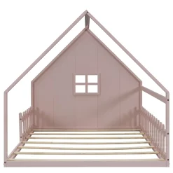 Okwish Lit cabane 140 x 200 cm - Lit double enfant avec barrières - Pin + MDF - Sans matelas - Rose*Enfant Lit Enfant