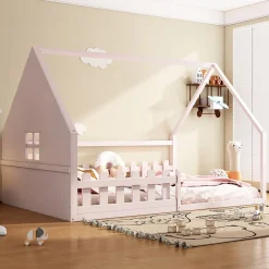 Okwish Lit cabane 140 x 200 cm - Lit double enfant avec barrières - Pin + MDF - Sans matelas - Rose*Enfant Lit Enfant