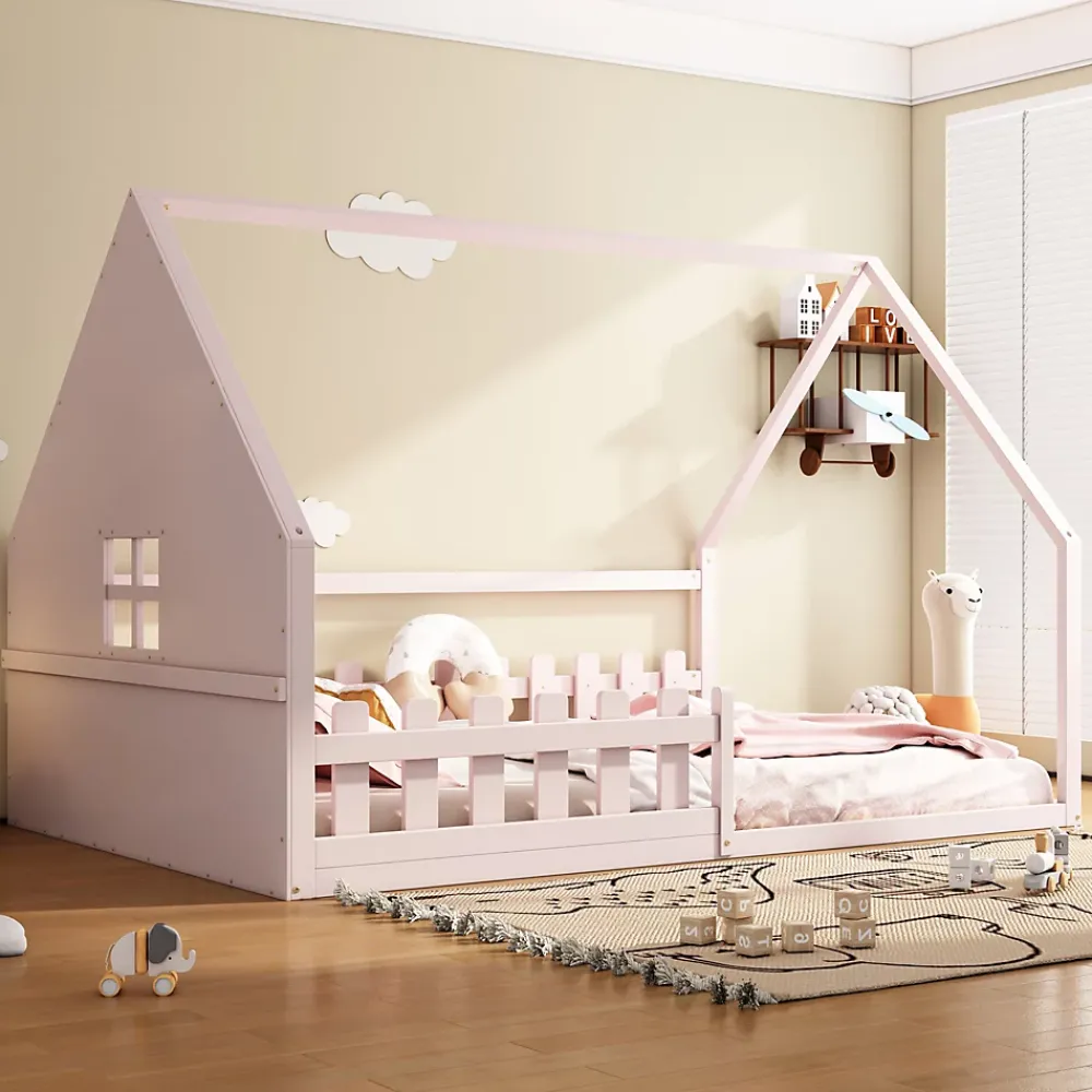 Okwish Lit cabane 140 x 200 cm - Lit double enfant avec barrières - Pin + MDF - Sans matelas - Rose*Enfant Lit Enfant