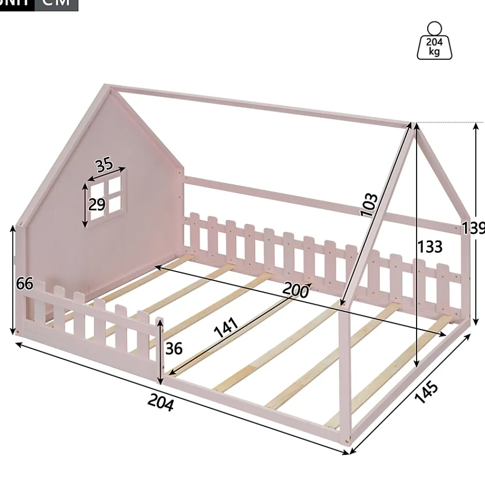 Okwish Lit cabane 140 x 200 cm - Lit double enfant avec barrières - Pin + MDF - Sans matelas - Rose*Enfant Lit Enfant