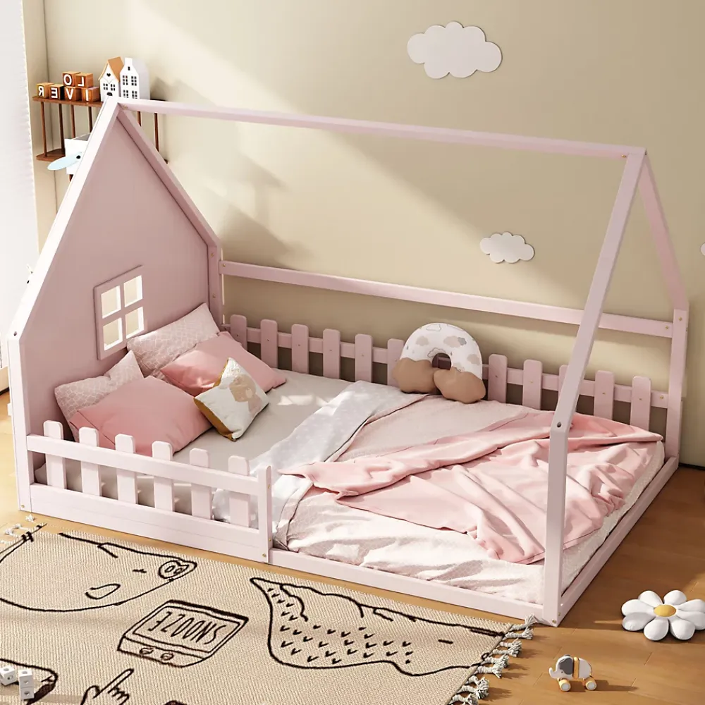 Okwish Lit cabane 140 x 200 cm - Lit double enfant avec barrières - Pin + MDF - Sans matelas - Rose*Enfant Lit Enfant