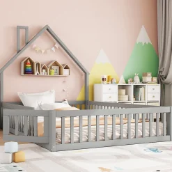 Okwish Lit Cabane 140 x 200 cm - Lit enfant Forme Cheminée - Pin + MDF - Sans Matelas - Gris*Enfant Lit Enfant